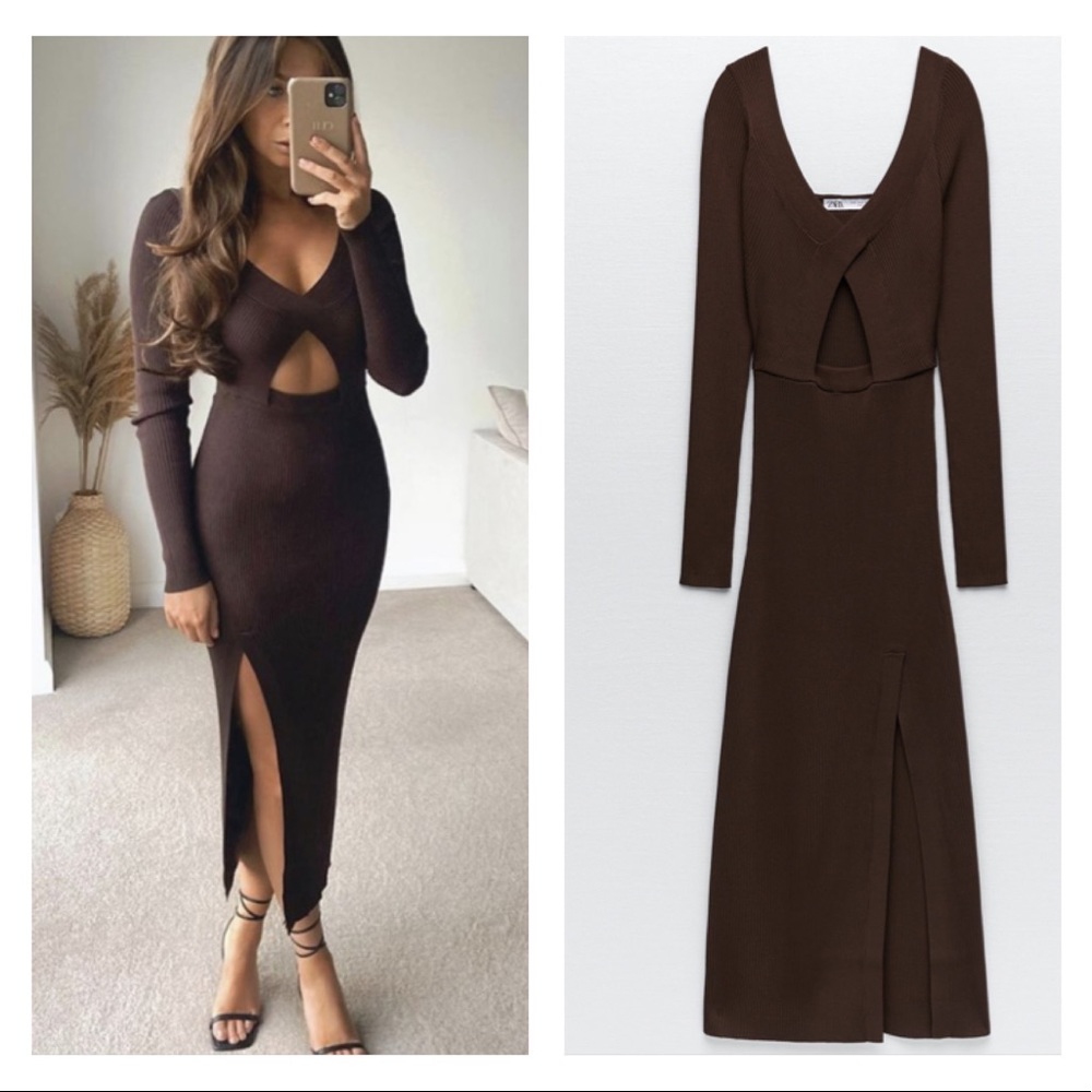 NWT Zara cut out knit chocolate dress